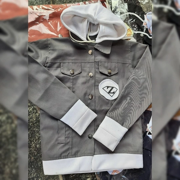 DENIM HOOD JACKET GIRLS WOMEN - GRAY, FREE SIZE