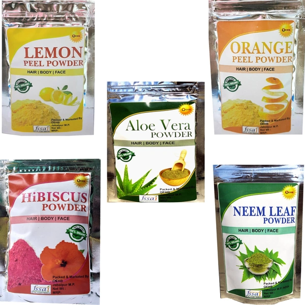 OEHB 100% Organic Premium Quality Lemon,Orange,Neem,Aloevera And Hibiscus Powder (Each-50gm)