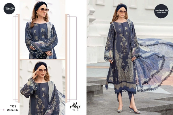 Mehboob Tex Mehbbob tex M PRINT SPRING SUMMER (Chiffon Duppata) - Oxford Blue