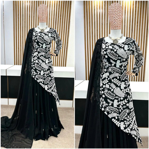 SR- Launching New Designer Party Wear Look New Top-Plazzo and Dupatta With Heavy Embroidery Work  - Black, XL, Semi Stitched