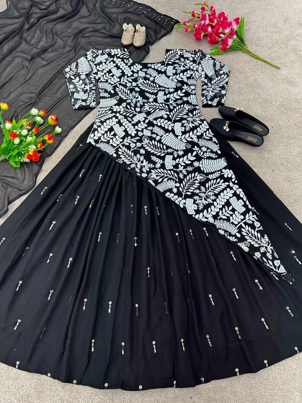SR- Launching New Designer Party Wear Look New Top-Plazzo and Dupatta With Heavy Embroidery Work  - Black, XL, Semi Stitched
