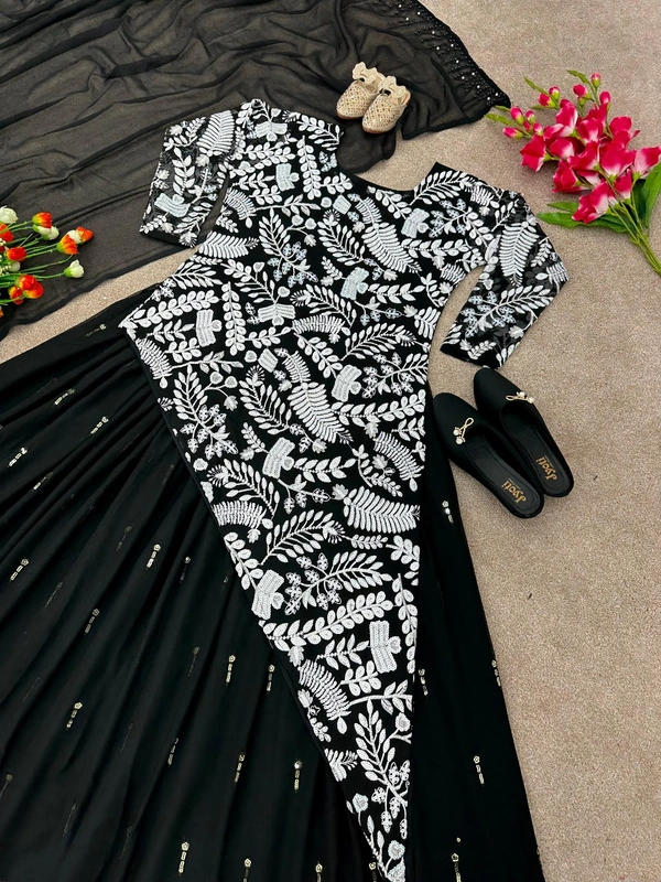 SR- Launching New Designer Party Wear Look New Top-Plazzo and Dupatta With Heavy Embroidery Work  - Black, XL, Semi Stitched