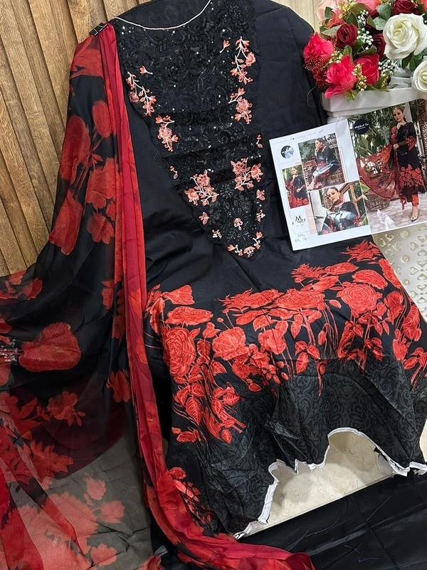 Mehboob Tex M PRINT SPRING SUMMER (Chiffon Duppata) - Black, Semi Stitched