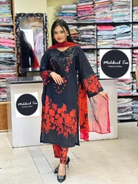 Mehboob Tex M PRINT SPRING SUMMER (Chiffon Duppata) - Black, Semi Stitched