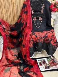 Mehboob Tex M PRINT SPRING SUMMER (Chiffon Duppata) - Black, Semi Stitched