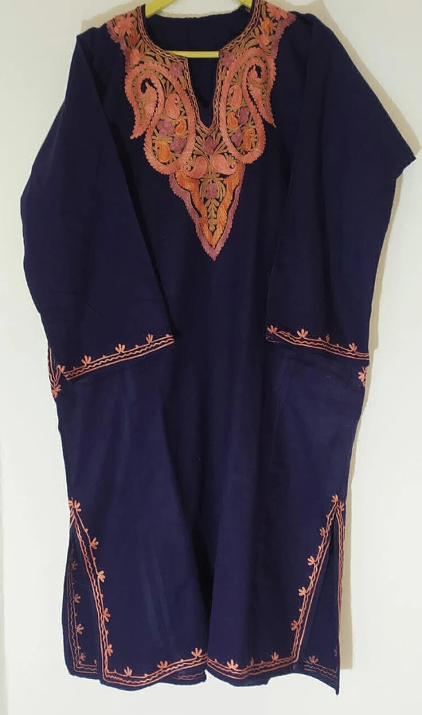 A Blue Kashmiri Pheran with Delicate Floral Embroidery - Navy Blue, Free Size, 450