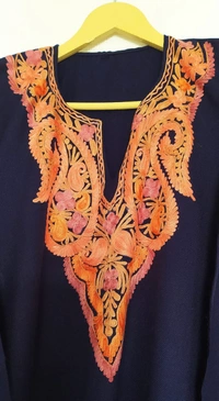 A Blue Kashmiri Pheran with Delicate Floral Embroidery - Navy Blue, Free Size, 450