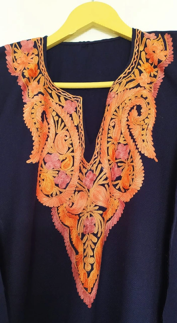 A Blue Kashmiri Pheran with Delicate Floral Embroidery - Navy Blue, Free Size, 450