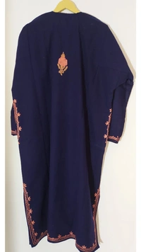 A Blue Kashmiri Pheran with Delicate Floral Embroidery - Navy Blue, Free Size, 450