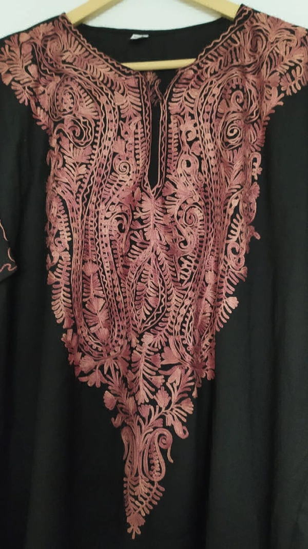 A Night in Bloom: Black Kashmiri Aari Kaftan with Vibrant Floral Embroidery - Black, Free Size, Length 55