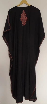 A Night in Bloom: Black Kashmiri Aari Kaftan with Vibrant Floral Embroidery - Black, Free Size, Length 55