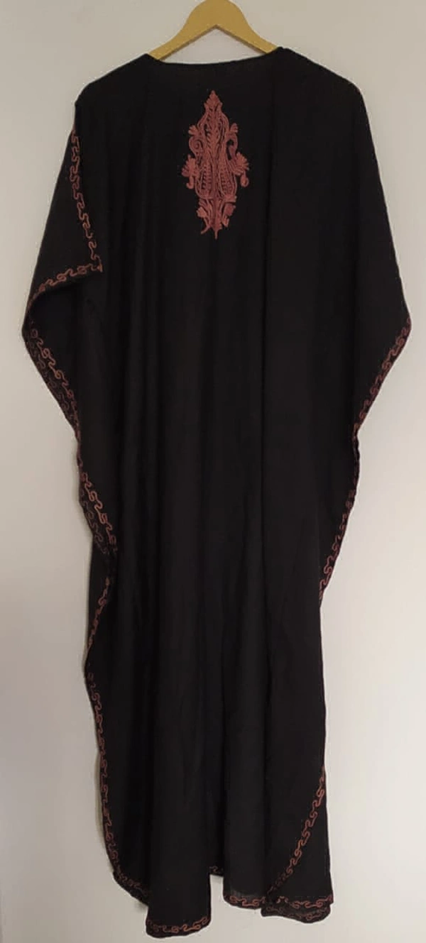 A Night in Bloom: Black Kashmiri Aari Kaftan with Vibrant Floral Embroidery - Black, Free Size, Length 55