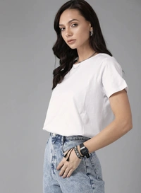 Fambruh High Quality Cotton Solid Women Half Sleeves Slim Tshirt - M