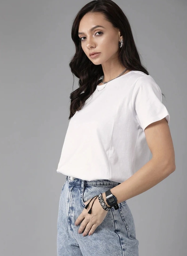 Fambruh High Quality Cotton Solid Women Half Sleeves Slim Tshirt - M