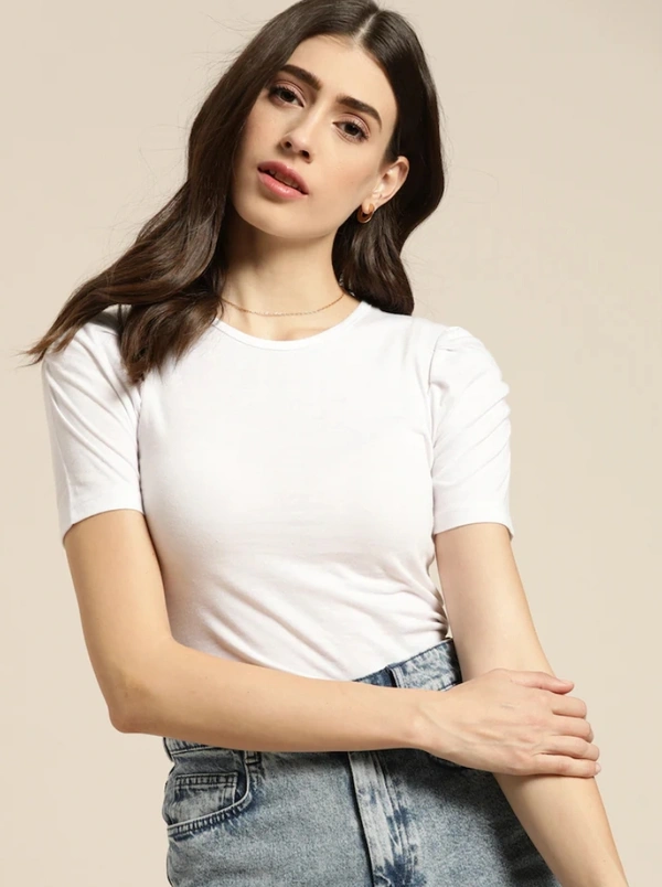 Fambruh Women T Shirt Cotton Solid Women Half Sleeves Slim Tshirt - L