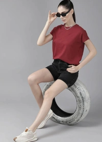 Fambruh Women T Shirt Cotton Solid Women Half Sleeves Slim Tshirt - L
