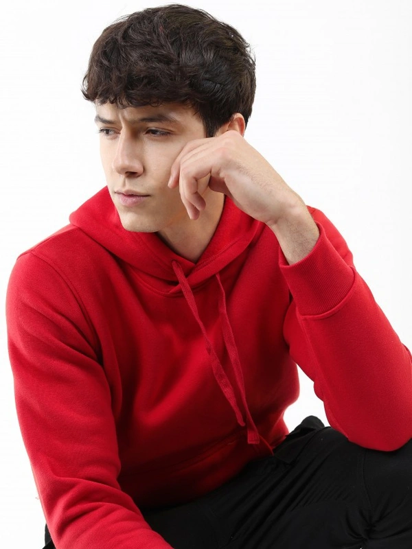 Fambruh  Solid Men Red Hooded Sweat Shirt - L