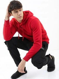 Fambruh  Solid Men Red Hooded Sweat Shirt - L