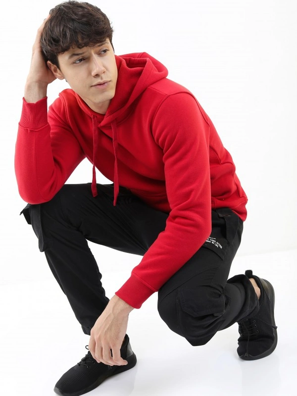 Fambruh  Solid Men Red Hooded Sweat Shirt - L