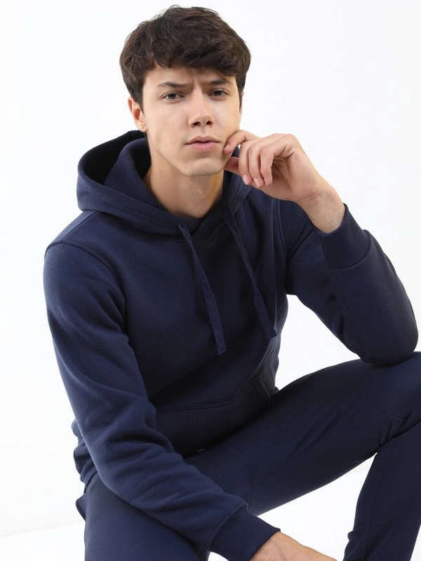 Fambruh  Solid Men Navy Blue Hooded Sweat Shirt - M