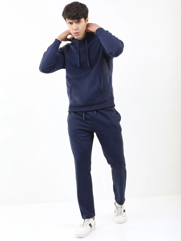 Fambruh  Solid Men Navy Blue Hooded Sweat Shirt - M