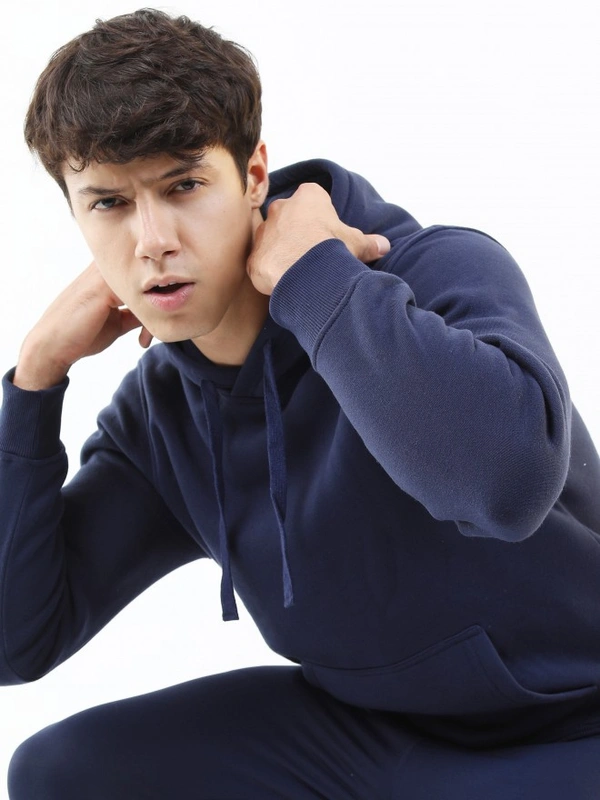 Fambruh  Solid Men Navy Blue Hooded Sweat Shirt - L