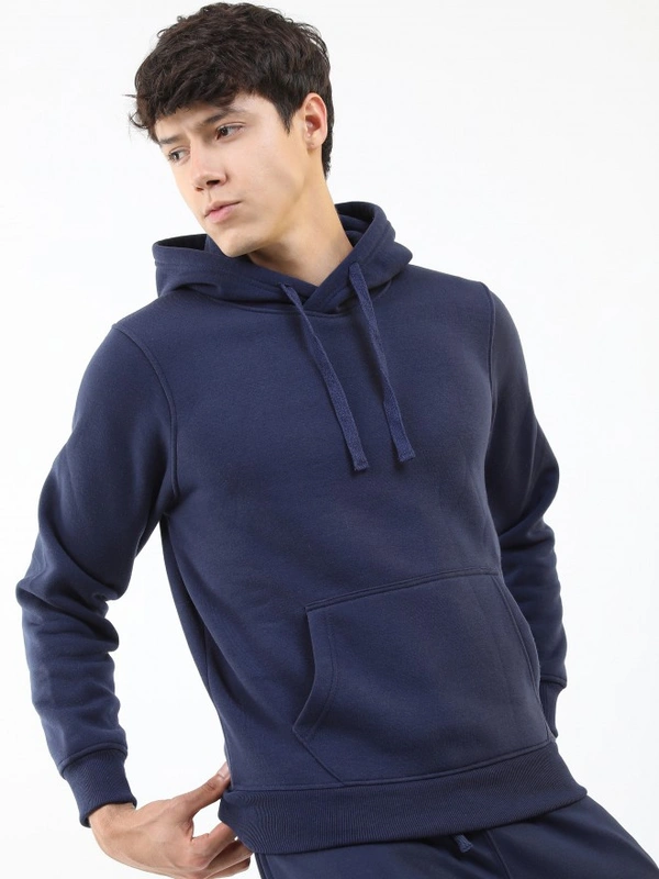 Fambruh  Solid Men Navy Blue Hooded Sweat Shirt - XL