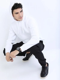 Fambruh  Solid Men White Hooded Sweat Shirt - L