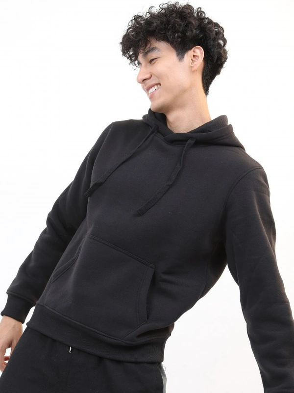 Fambruh  Solid Men Black Hooded Sweat Shirt - XL