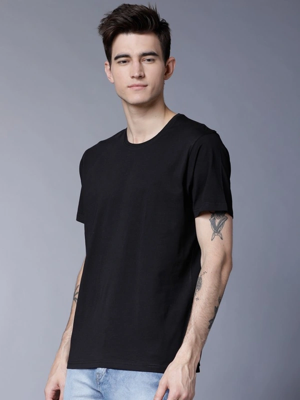 Fambruh Solid Black T Shirt For Men - M