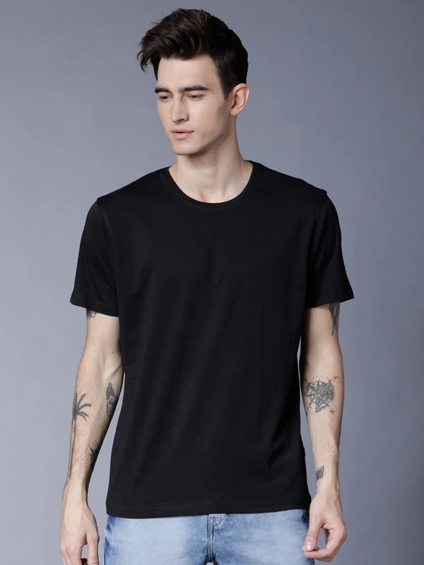 Fambruh Solid Black T Shirt For Men - L
