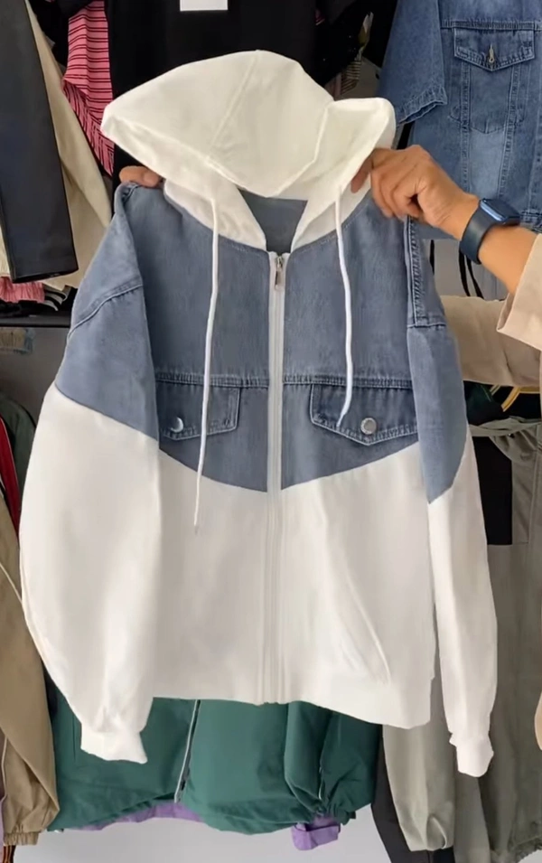 Fambruh White Hooded Denim Jacket For Women  - XL