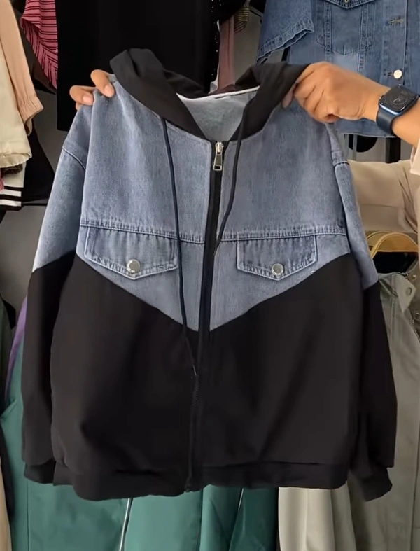 Fambruh Black Denim Jacket For Women - S