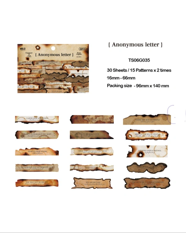 Retro Burnt Paper English Sticker (30pc) Anonymus Letter 