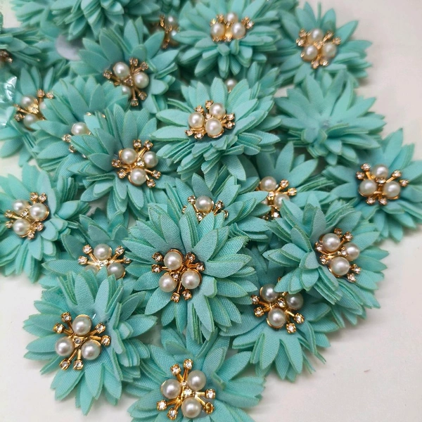 Artificial Cloth Flower With Pearl Diamond Pack Of 10 Pc Teal 