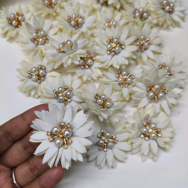 Artificial Cloth Flower With Pearl Diamond Pack Of 10 Pc White 
