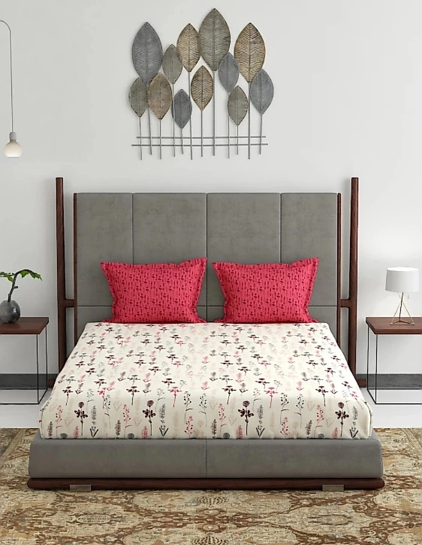 Trident 120 TC Queen Size Double Bed Cotton Bedsheet With 2 Pillow Covers - Botanic Pink, Double Queen