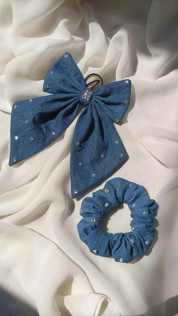 Bejeweled Bow & Scrunchie Combo  - Persian Blue, Regular