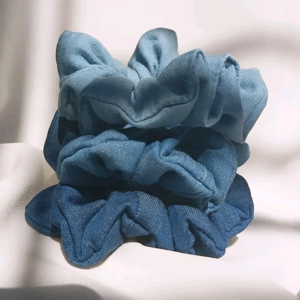 Denim Hair Scrunchies Set Of 3  - Cobalt, Medium