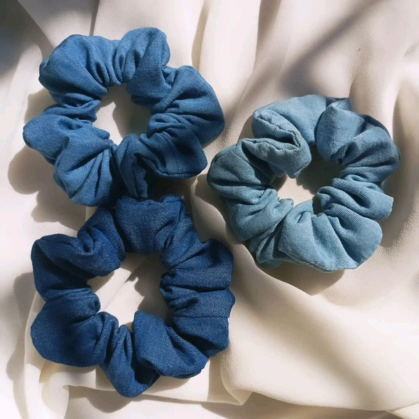 Denim Hair Scrunchies Set Of 3  - Cobalt, Medium