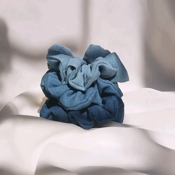 Denim Hair Scrunchies Set Of 3  - Cobalt, Medium