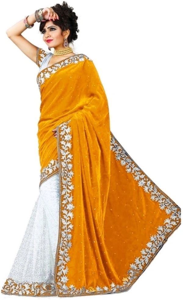 Lootzone Embroidered Banarasi Net Velvet Saree  - yellow