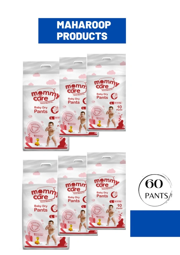 Mommy Care Baby Diaper Pants Large (L) Size, 9-14 kgs with ADL Technology - 60 Count - 12 Hours Protection . Pack Of 6. - Large (L)