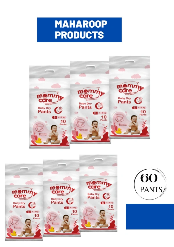 Mommy Care Extra Dry Baby Pants Diaper, Small (S) Size, 60 Count, Super Absorbent Core Up To 12 Hrs. Protection, Soft Elastic Waist Grip & Wetness Indicator, Pack Of 6, Upto 8kg. - Small (S)