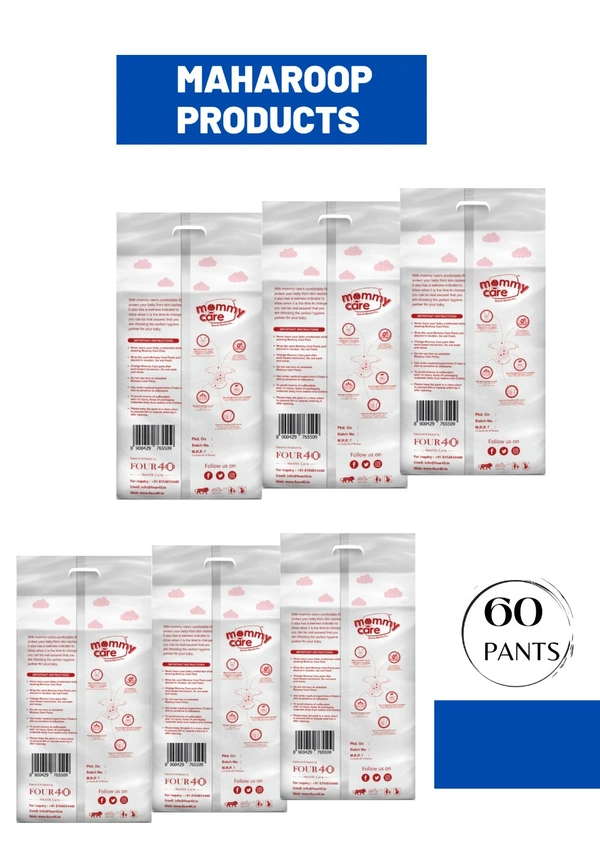 Mommy Care Extra Dry Baby Pants Diaper, Small (S) Size, 60 Count, Super Absorbent Core Up To 12 Hrs. Protection, Soft Elastic Waist Grip & Wetness Indicator, Pack Of 6, Upto 8kg. - Small (S)