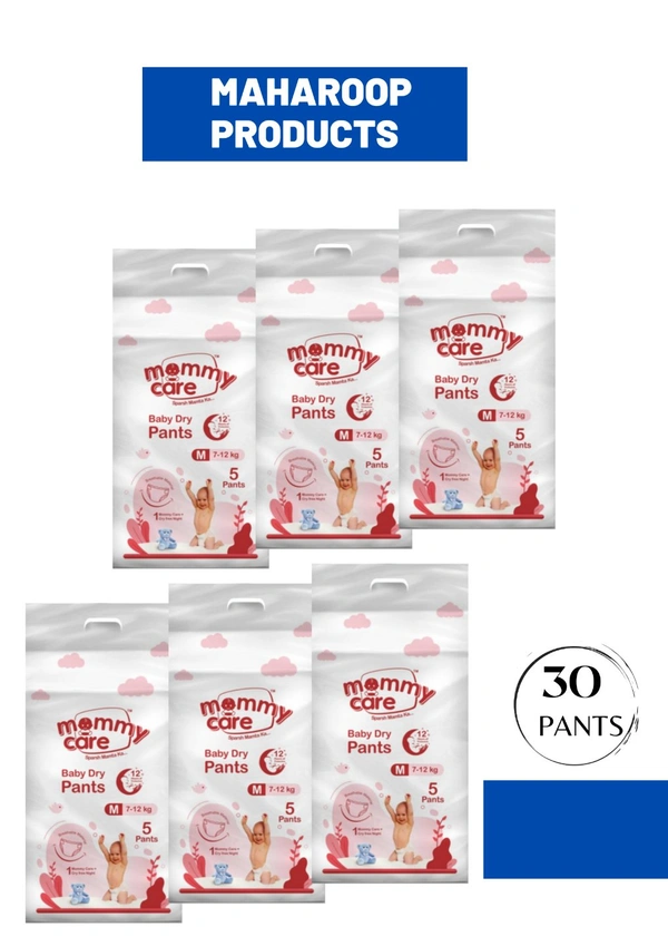 Mommy Care Extra Dry Baby Pants Diaper, Medium (M) Size, 30 Count, Super Absorbent Core Up To 12 Hrs. Protection, Soft Elastic Waist Grip & Wetness Indicator, Pack Of 6, Upto 12kg. - Medium (M)