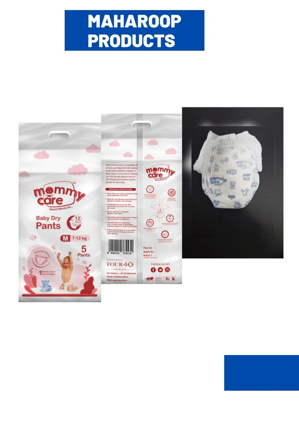 Mommy Care Extra Dry Baby Pants Diaper, Medium (M) Size, 30 Count, Super Absorbent Core Up To 12 Hrs. Protection, Soft Elastic Waist Grip & Wetness Indicator, Pack Of 6, Upto 12kg. - Medium (M)