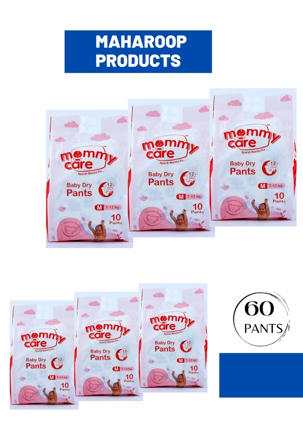 Mommy Care Extra Dry Baby Pants Diaper, Medium (M) Size, 60 Count, Super Absorbent Core Up To 12 Hrs. Protection, Soft Elastic Waist Grip & Wetness Indicator, Pack Of 6, Upto 12kg. - Medium (M)