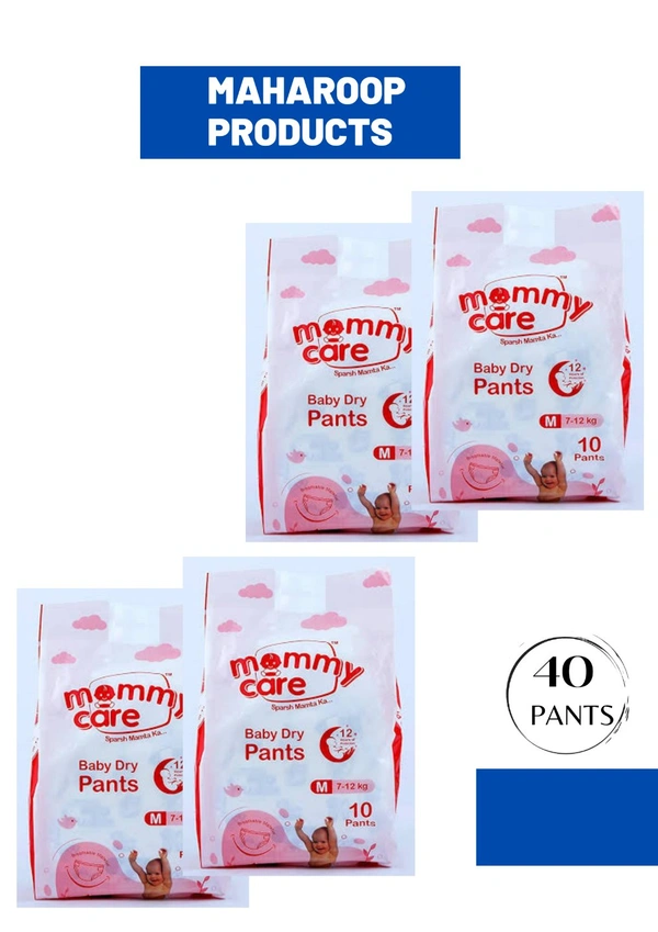Mommy Care Extra Dry Baby Pants Diaper, Medium (M) Size, 40 Count, Super Absorbent Core Up To 12 Hrs. Protection, Soft Elastic Waist Grip & Wetness Indicator, Pack Of 4, Upto 12kg. - Medium (M)