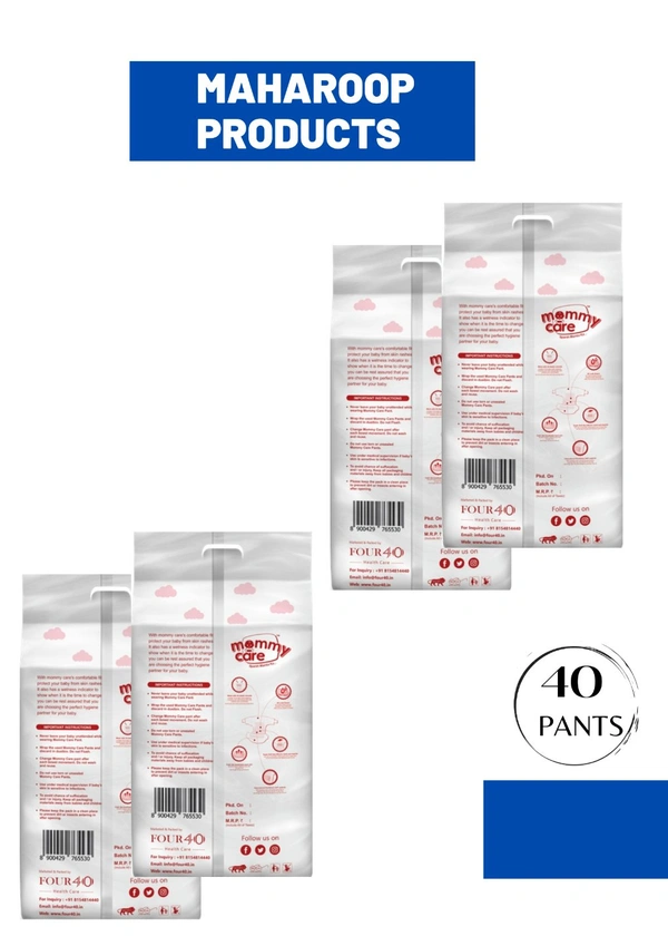Mommy Care Extra Dry Baby Pants Diaper, Medium (M) Size, 40 Count, Super Absorbent Core Up To 12 Hrs. Protection, Soft Elastic Waist Grip & Wetness Indicator, Pack Of 4, Upto 12kg. - Medium (M)